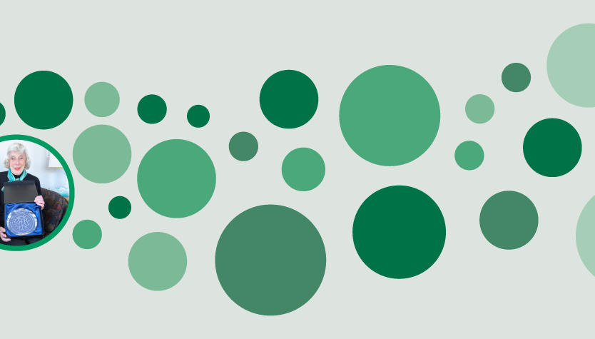 Graphic with a green background and various green circles. In three of the circles on the left are photographs of Calgary Library volunteers. 