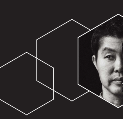 Graphic with a black background and hexagonal shapes outlined in white. In the centre hexagon is a photo of Han Sungpil