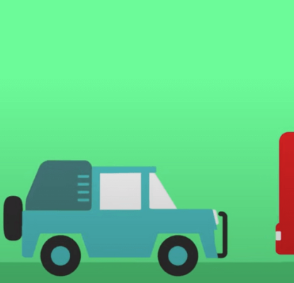 Graphic with a green background and illustrations of a yellow convertible car, a blue jeep, and a red van. 