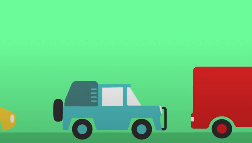 Graphic with a green background and illustrations of a yellow convertible car, a blue jeep, and a red van. 