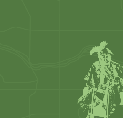 Three light green silhouettes of Indigenous dancers over a green background