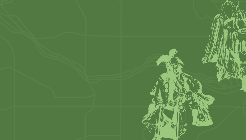 Three light green silhouettes of Indigenous dancers over a green background