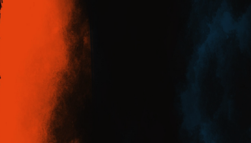 Graphic with black background with large red and blue markings throughout. 