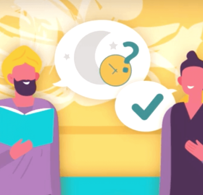 Graphic with yellow and blue furniture. Two individuals stand in the middle, one holding a book with speech bubbles appearing like they are having a conversation.  
