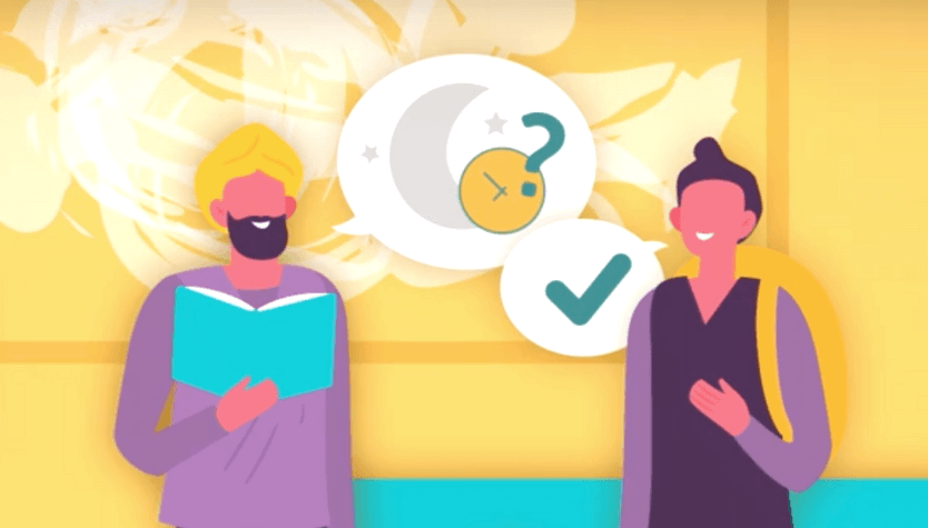 Graphic with yellow and blue furniture. Two individuals stand in the middle, one holding a book with speech bubbles appearing like they are having a conversation.  