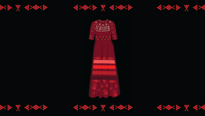 Graphic of an Indigenous red dress.