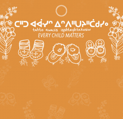 Graphic with an orange background and Indigenous illustrations. The text on the graphic has different languages and in English reads "every child matters."
