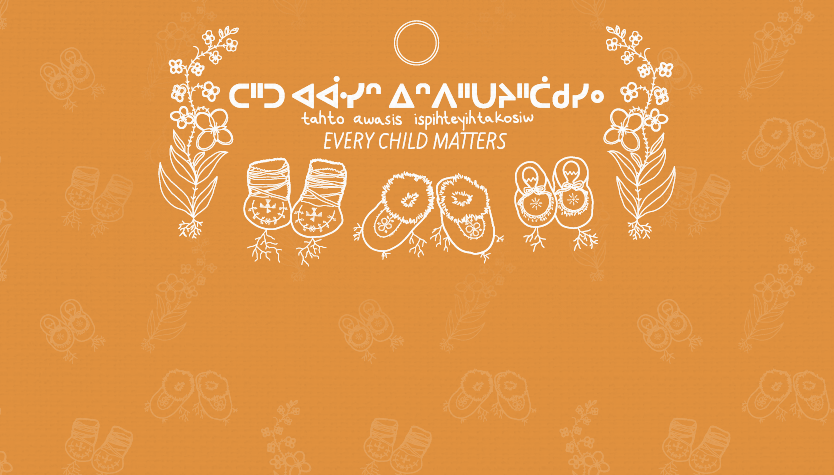 Graphic with an orange background and Indigenous illustrations. The text on the graphic has different languages and in English reads "every child matters."