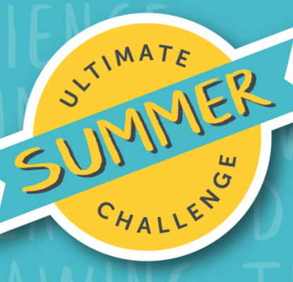 Graphic with a blue background and a yellow badge shaped element that reads "ultimate summer challenge."