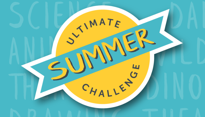 Graphic with a blue background and a yellow badge shaped element that reads "ultimate summer challenge."