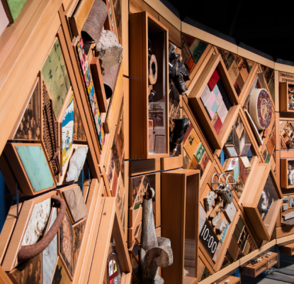 Photograph of a display with wooden details. 