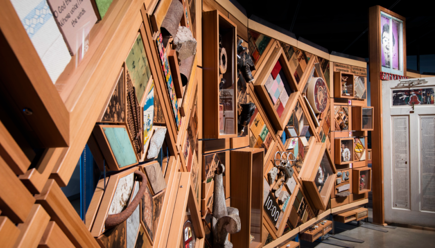 Photograph of a display with wooden details. 