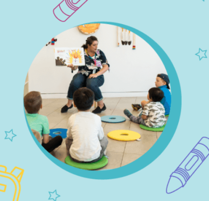 Graphic with a blue background and various illustrations of school supplies. There are three circles in the graphic with photos of individuals engaged in different learning activities.  