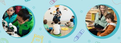 Graphic with a blue background and various illustrations of school supplies. There are three circles in the graphic with photos of individuals engaged in different learning activities.  
