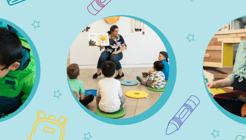Graphic with a blue background and various illustrations of school supplies. There are three circles in the graphic with photos of individuals engaged in different learning activities.  