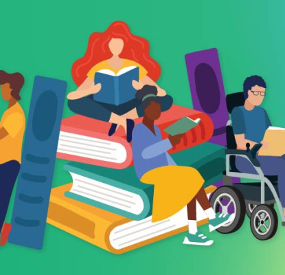 Illustration of diverse people reading books, including a person using a wheelchair, a child sitting on a stack of oversized books, and others standing or sitting while reading. The background is a gradient blend of green, teal, purple, orange, and yellow