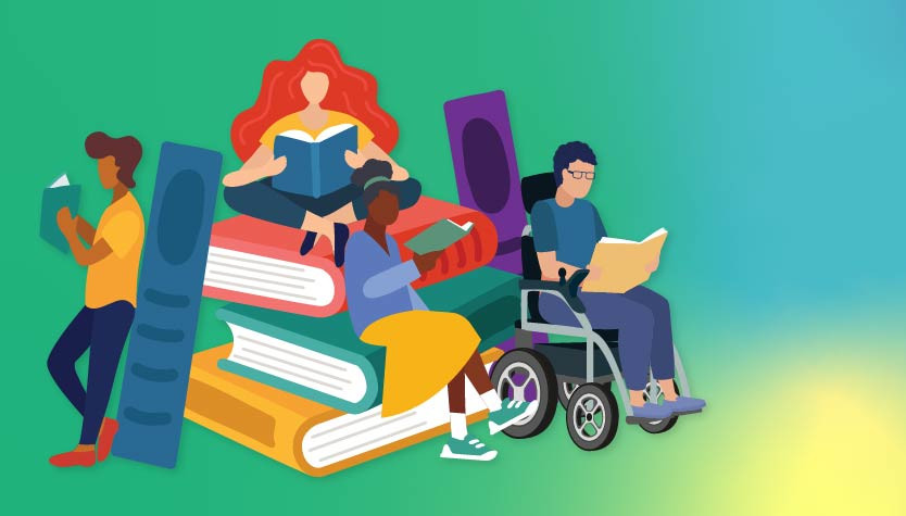 Illustration of diverse people reading books, including a person using a wheelchair, a child sitting on a stack of oversized books, and others standing or sitting while reading. The background is a gradient blend of green, teal, purple, orange, and yellow