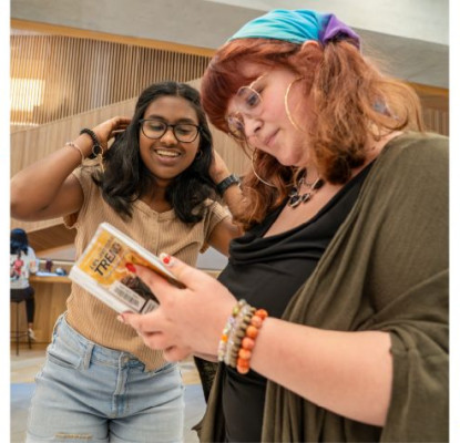 A collage of three photos showing people reading books.