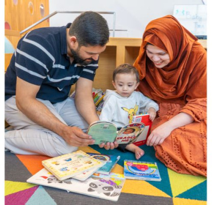 Three images showing a young girl, a family and a woman all reading in different places.