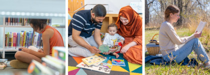 Three images showing a young girl, a family and a woman all reading in different places.