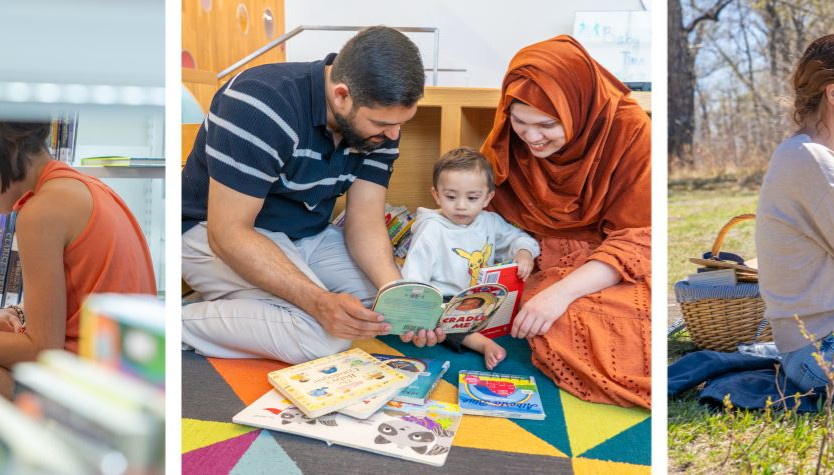 Three images showing a young girl, a family and a woman all reading in different places.