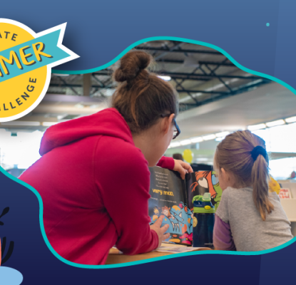 Graphic with a blue underwater background with various illustrations of sea creatures. On the right side is an Ultimate Summer Challenge badge and a photo of two people engaged in an activity. 