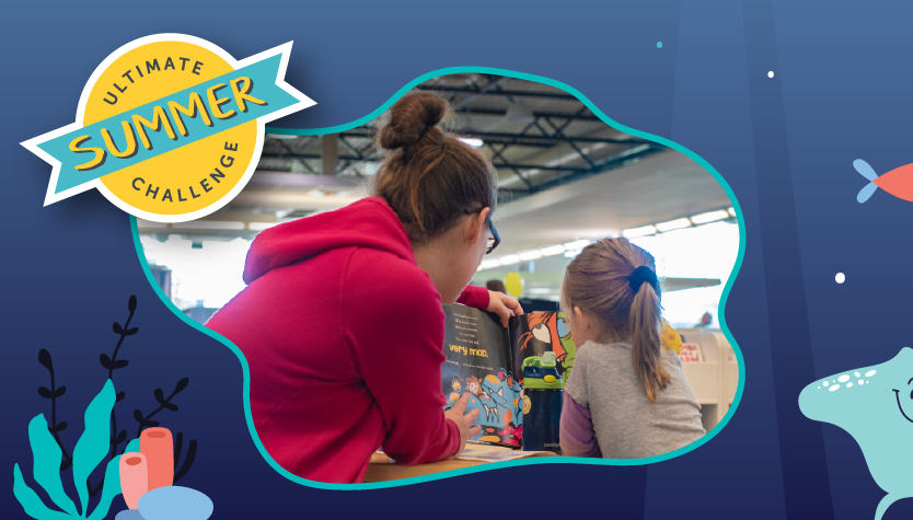 Graphic with a blue underwater background with various illustrations of sea creatures. On the right side is an Ultimate Summer Challenge badge and a photo of two people engaged in an activity. 