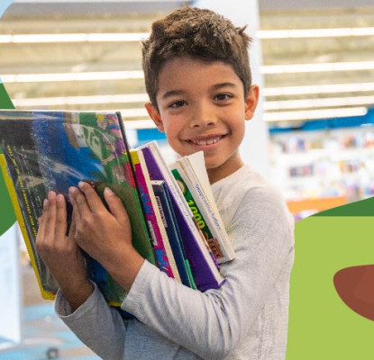 Three images, one of a ladybug reading, one of a boy holding books and one of carrots in a garden.