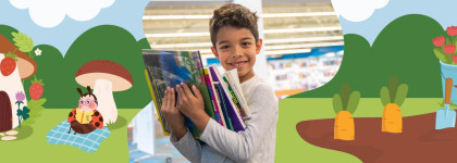 Three images, one of a ladybug reading, one of a boy holding books and one of carrots in a garden.