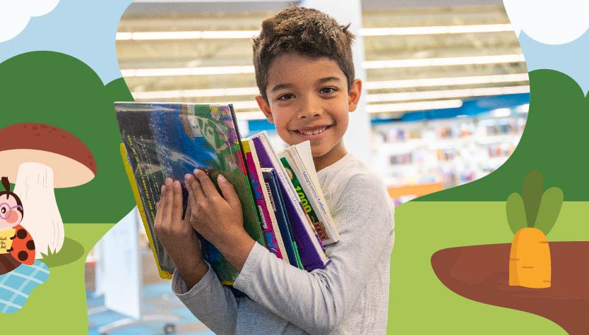 Three images, one of a ladybug reading, one of a boy holding books and one of carrots in a garden.
