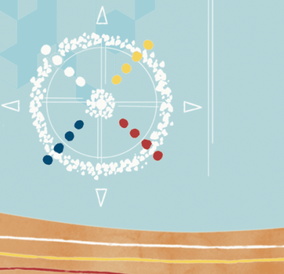 Graphic with blue and orange colours. On the left is an illustration of a compass and other Indigenous art. 