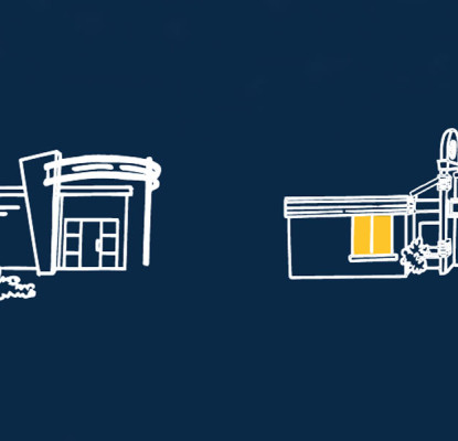 Graphic with a blue background and white illustrations of two Calgary Public Library locations. 