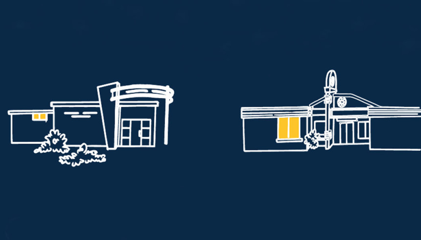 Graphic with a blue background and white illustrations of two Calgary Public Library locations. 