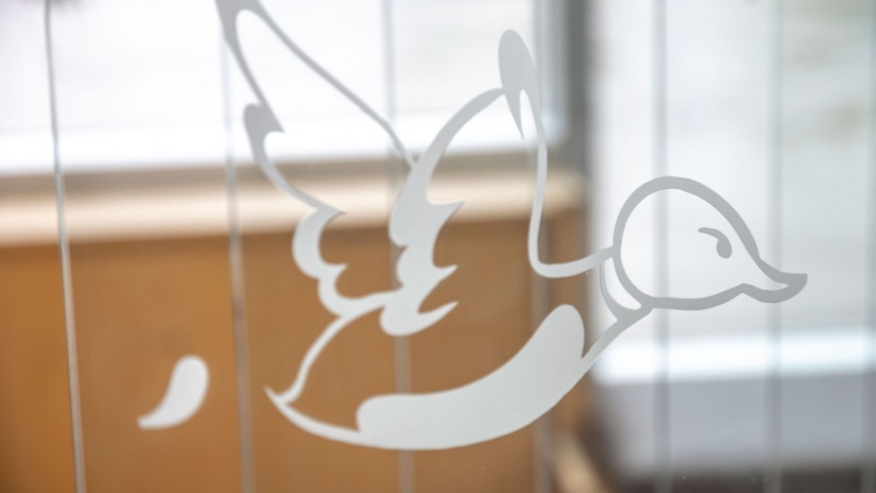 A stylized bird is etched onto a pane of glass. The bird appears to be in flight, with its wings outstretched and head facing forward.