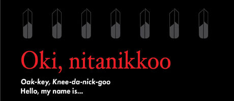 A black background with feather illustration on the border overtop and underneath is the words, Oki, nitanikkoo in red letters.