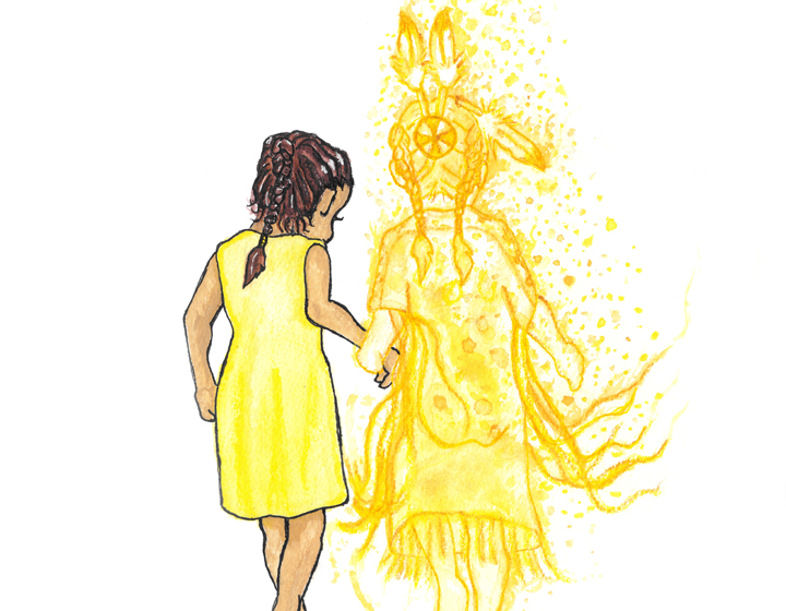 background image: This illustration is of a young girl in a yellow dress holding hands with another young girl dressed in Indigenous Regalia.
