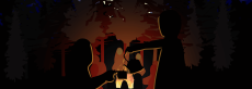 An illustration of a night sky with the silhouettes of trees in background. 