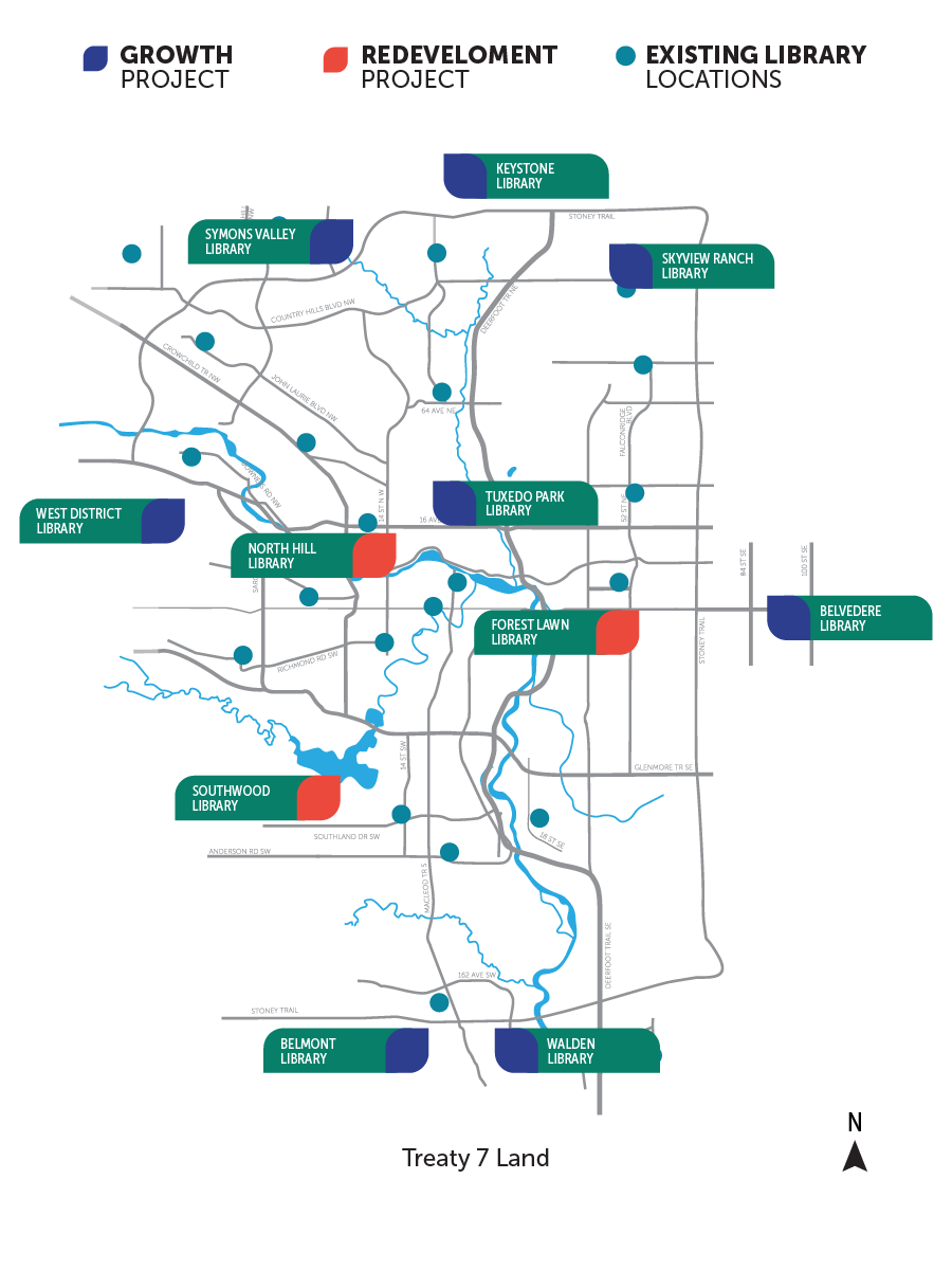 Map of Calgary highlighting existing library locations, redevelopment projects, and growth projects across the city.