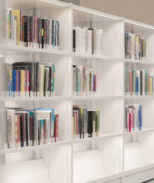 A photograph of bookshelves against a wall. 