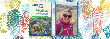 Foot prints in multiple colours with a copy of the book "Calgary's Best Walks"