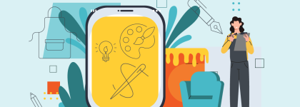 An artist next to a large electronic device displaying a lightbulb, an art palette and a needle and thread.