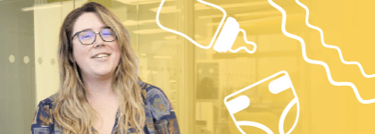A picture of a staff member smiling at the camera is on a yellow background, and beside her are illustrations of a baby bottle, diaper, and squiggles in the top right-hand corner.