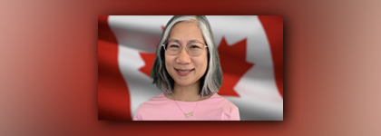 An image with a red and white gradient background. On top of it is a Canadian flag with a women's headshot in the centre.