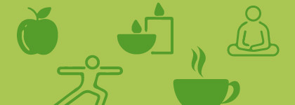 Green icons depicting yoga, mediation, candles, tea and an apple over a light green background.