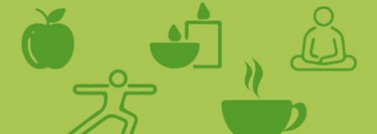 Green icons depicting yoga, mediation, candles, tea and an apple over a light green background.