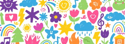 Colourful illustration featuring flowers, rainbows, musical notes, clouds, stars, and trees.