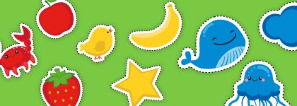 Colourful illustration featuring sea creatures, fruit, a star, and clouds on a green background.
