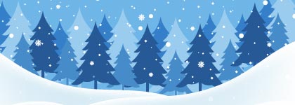 Illustrated winter landscape with snow-covered hills and blue evergreen trees.