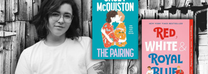 Author Casey McQuiston with copies of the books The Pairing and Red, White and Royal Blue.