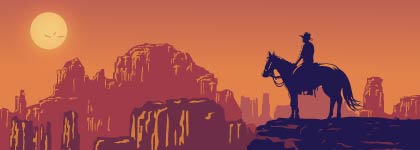 A cowboy on horseback overlooks a desert canyon at sunset, with orange and purple tones in the sky and rugged cliffs in the background.